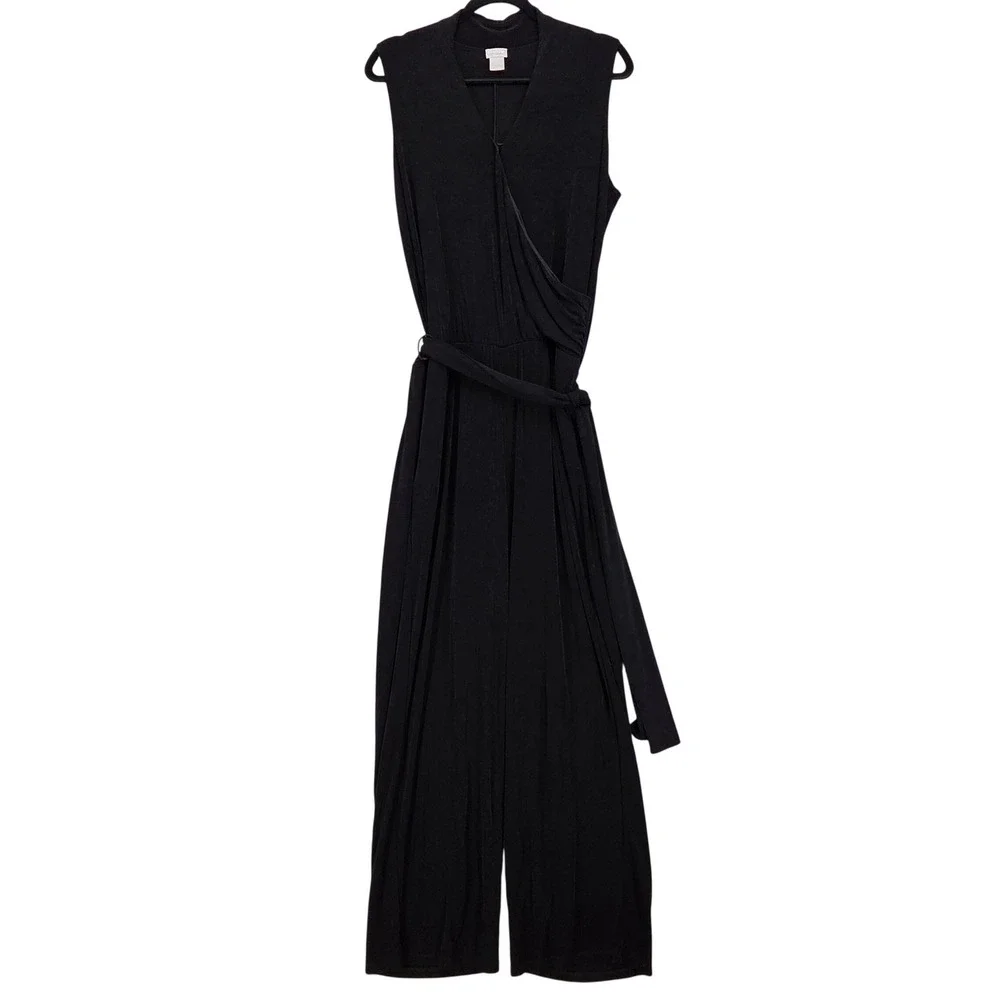 Chico's Womens 2 (14/16) Traveler Jumpsuit Black Sleeveless Wide Leg Wrap Belted